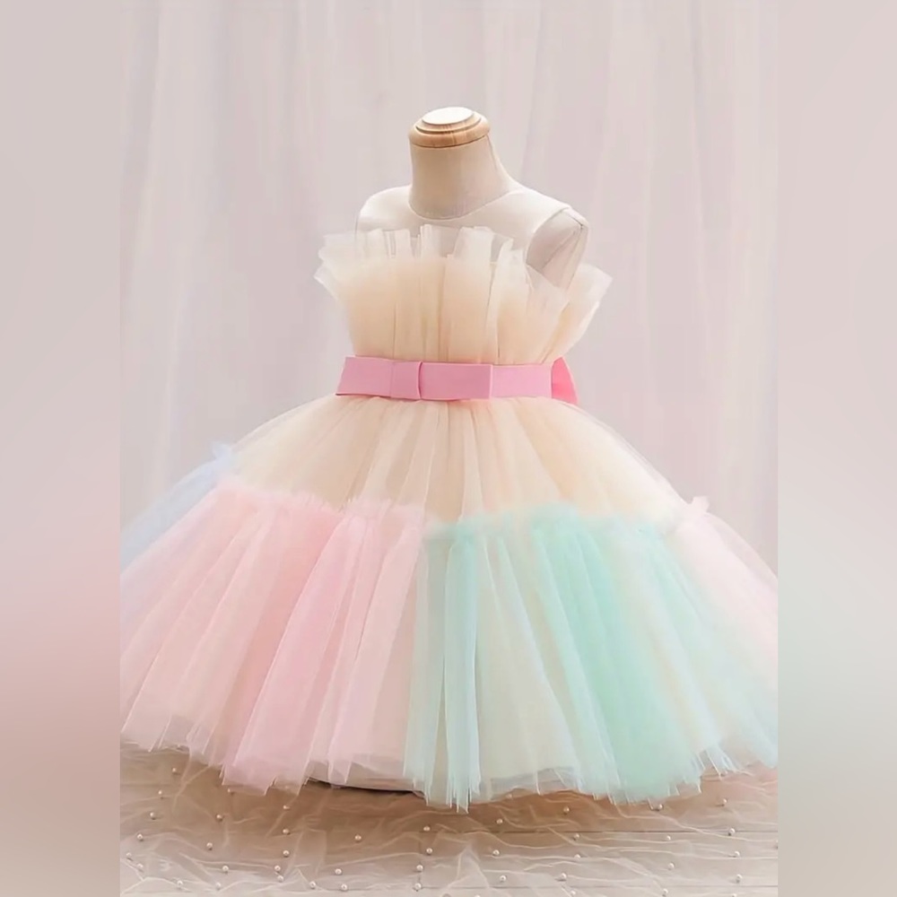 Multicolored Tunic Mesh Puffy Gown Dress